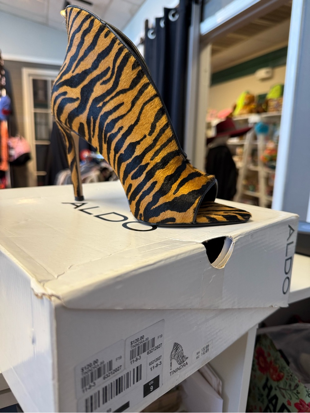 ALDO Tiger-Print Peep-Toe Stiletto Bootie in Orange and Black